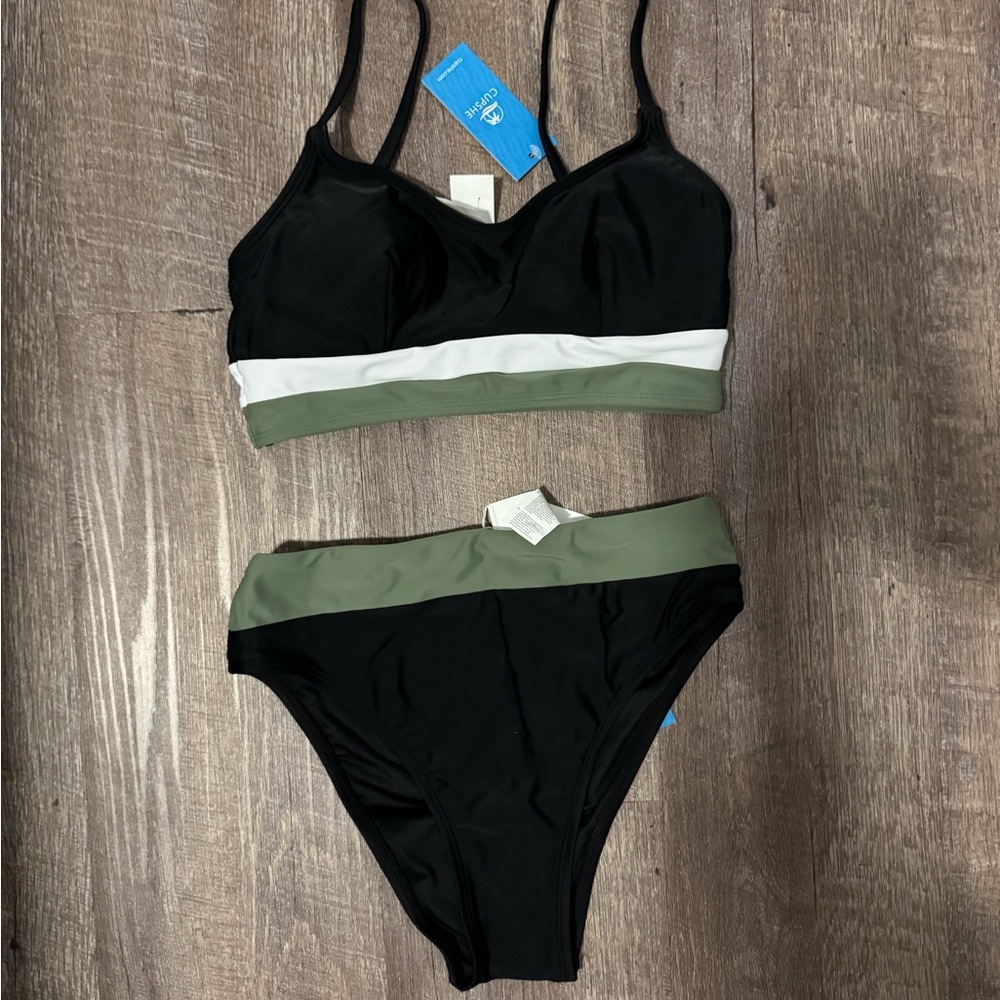Cupshe Black and Green High-Waisted Bikini &  Sporty Top set